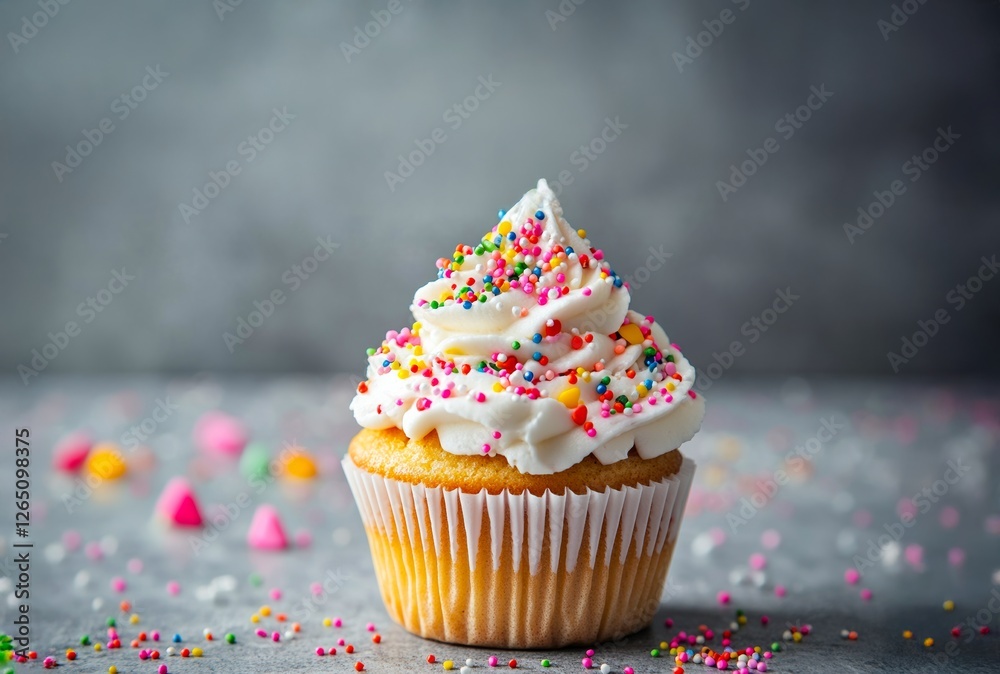 Photo of a cupcake with cream and colorful sprinkles on a grey background, close-up view. Photo of a cupcake with cream and colorful sprinkles on a grey background, close-up view.