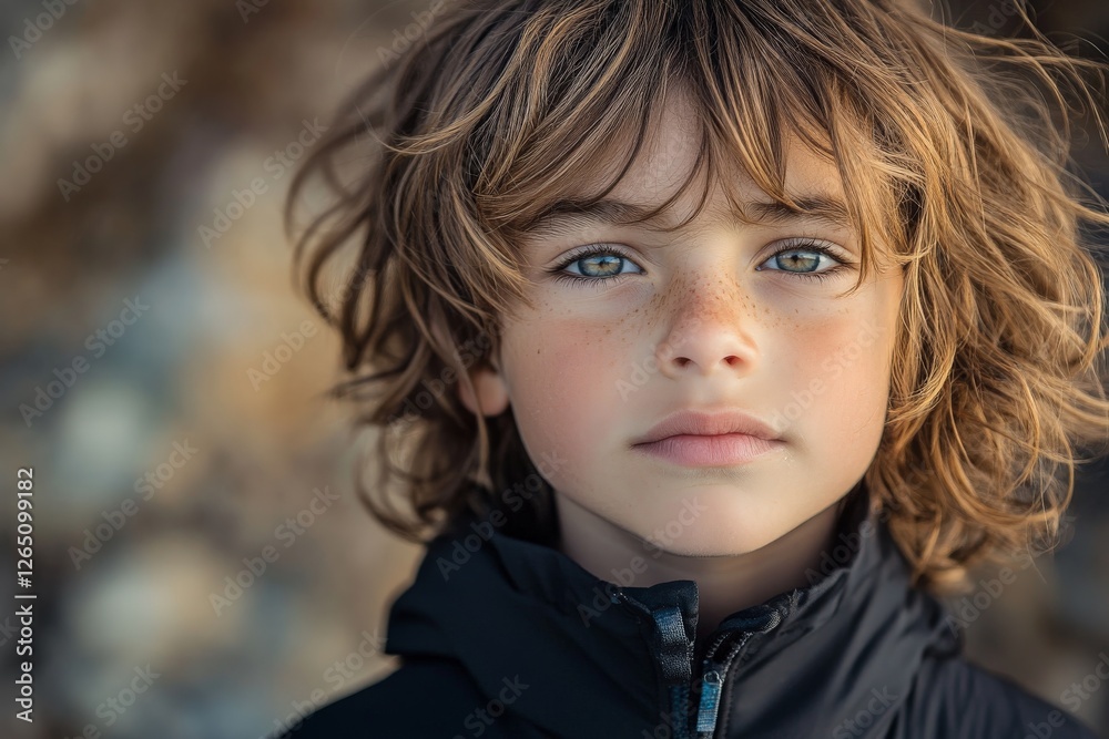 Young boy with curly hair and striking blue eyes stands against a blurred natural background in a coastal setting Young boy with curly hair and striking blue eyes stands against a blurred natural background in a coastal setting