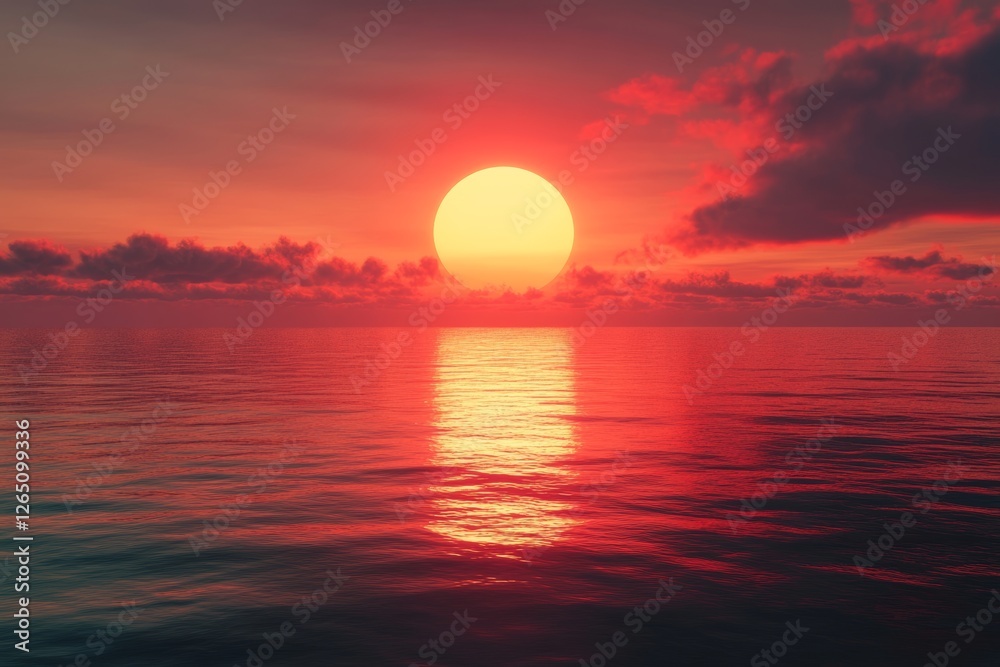 Red sunset over the sea with a large sun in the sky. A beautiful nature background with an orange gradient sky and a calm water surface. Red sunset over the sea with a large sun in the sky. A beautiful nature background with an orange gradient sky and a calm water surface.