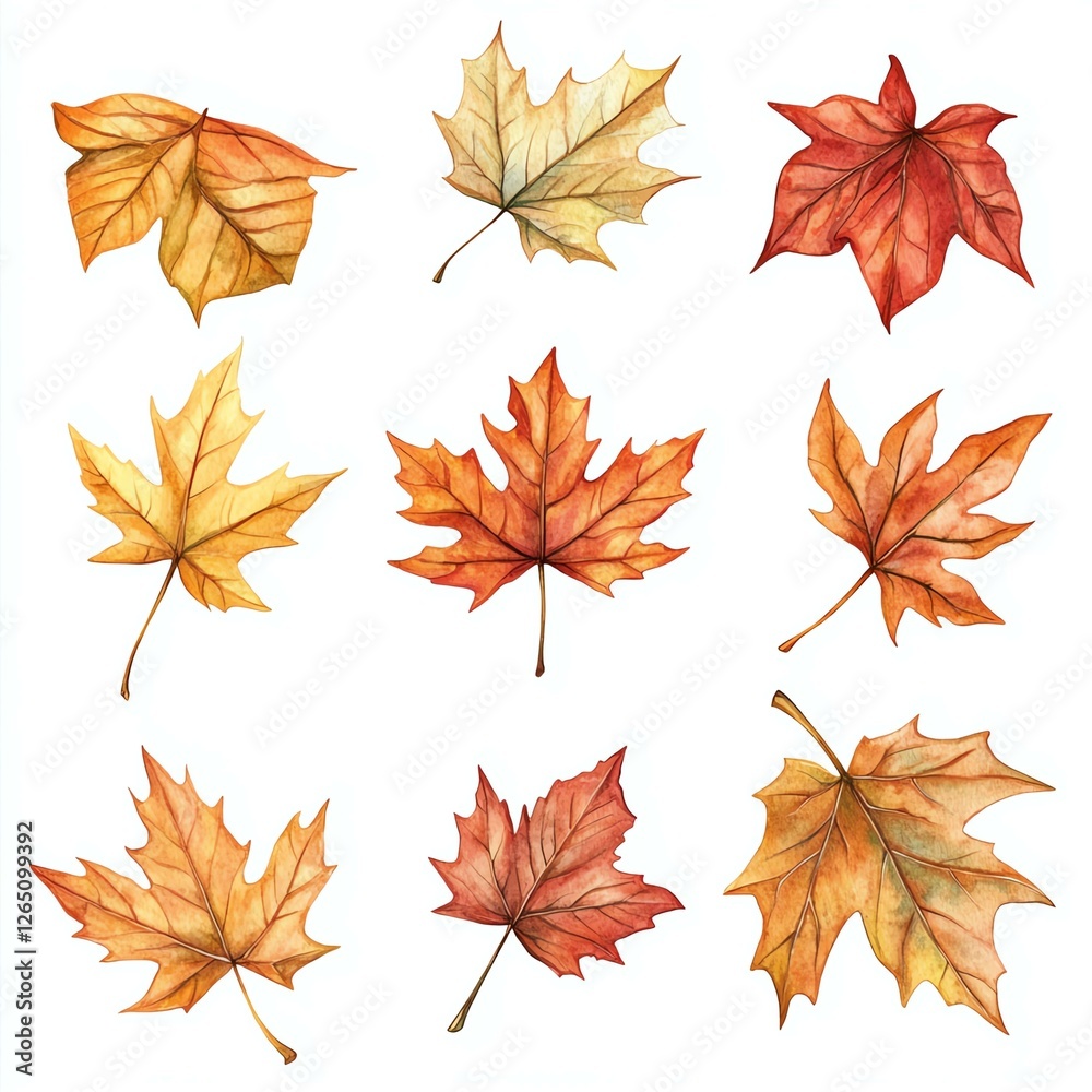 Fototapeta premium Collection of vibrant autumn leaves in various colors and shapes, perfect for nature-themed designs.