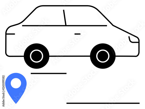 Black outline car next to blue location pin. Ideal for navigation, transportation, car sharing, road trips, travel, logistics, fleet management. Abstract line flat metaphor