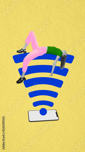 Woman lying relaxed over large Wi-Fi signal icon against yellow background, depicting digital dependency and comfort in constant connectivity. Concept of social media, networking, communication