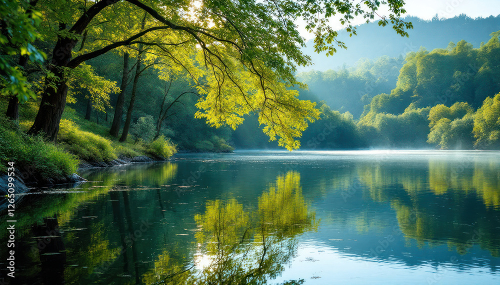 Serene Lakeside Serenity: A Tranquil Morning in Lush Green Forest Serene Lakeside Serenity: A Tranquil Morning in Lush Green Forest