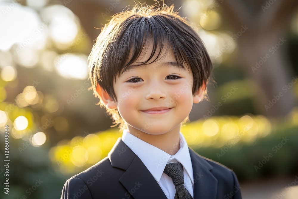 Cute young boy in a suit smiling warmly during a sunny outdoor event Cute young boy in a suit smiling warmly during a sunny outdoor event