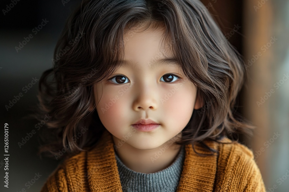 Young child with curly hair poses indoors wearing a cozy sweater during daylight, smiling softly at the camera Young child with curly hair poses indoors wearing a cozy sweater during daylight, smiling softly at the camera