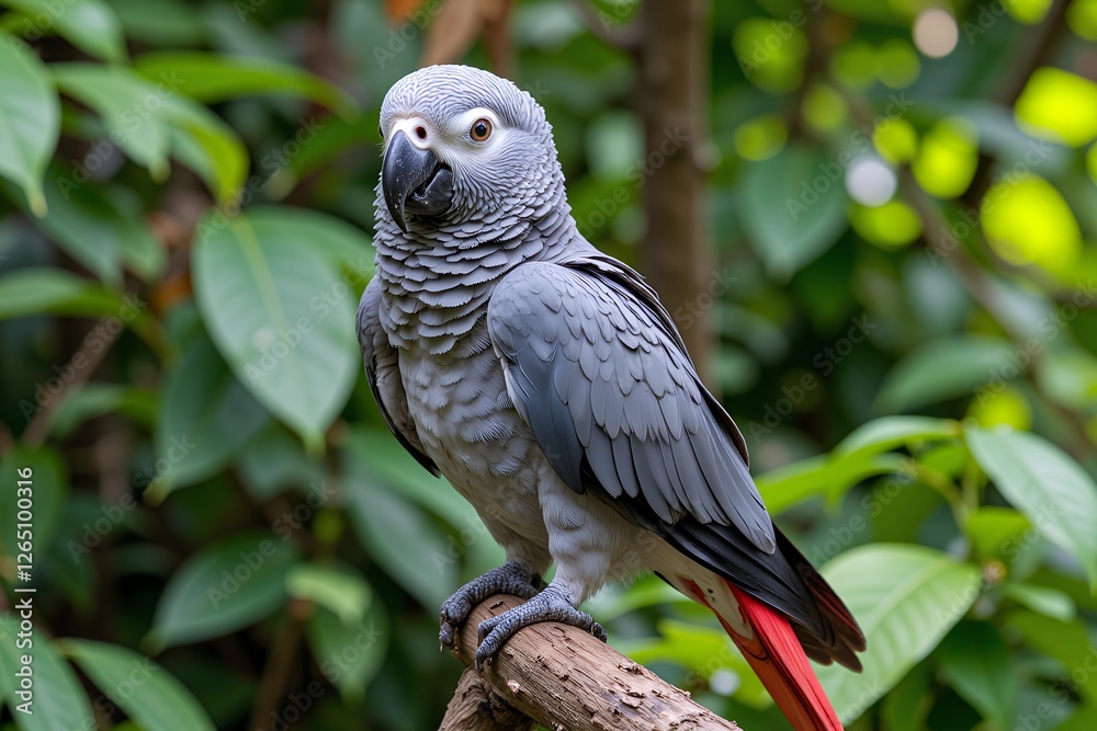 Majestic African Grey Parrot Perched on Branch in Lush Green Foliage Majestic African Grey Parrot Perched on Branch in Lush Green Foliage