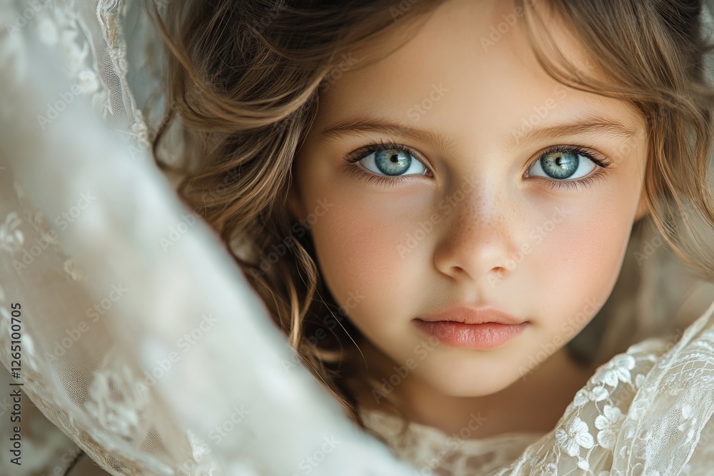 Captivating portrait of a young girl with striking blue eyes and delicate lace fabric Captivating portrait of a young girl with striking blue eyes and delicate lace fabric
