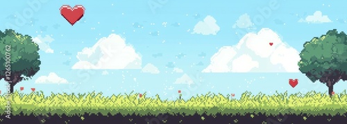 Charming pixel art landscape featuring vibrant skies, lush greenery, and whimsical hearts floating above a serene field, perfect for romantic themes and digital backgrounds photo