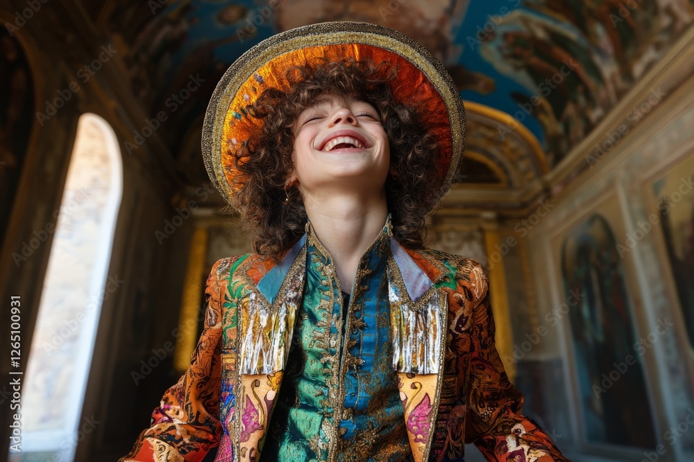 Fototapeta premium Boy in colorful costume smiles joyfully in an ornate historical setting during a cultural celebration