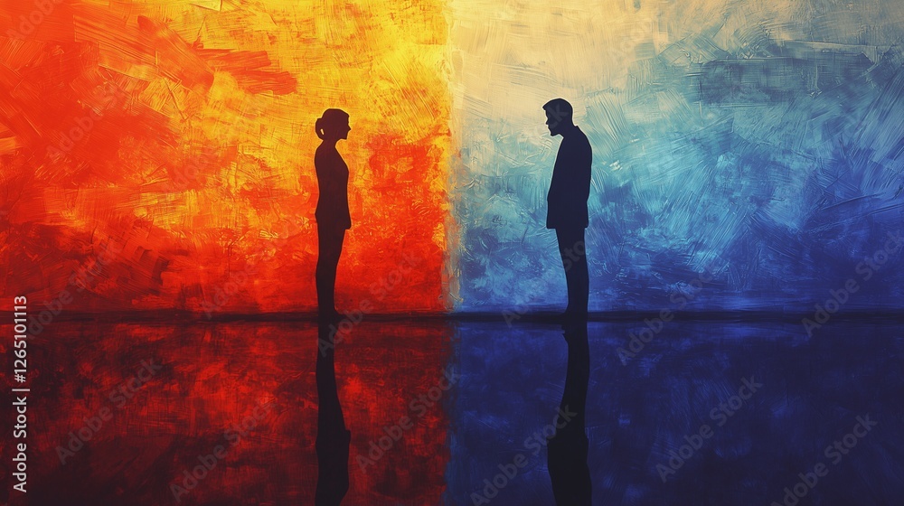 Two figures face each other against a split background, symbolizing conflict and resolution. Two figures face each other against a split background, symbolizing conflict and resolution.