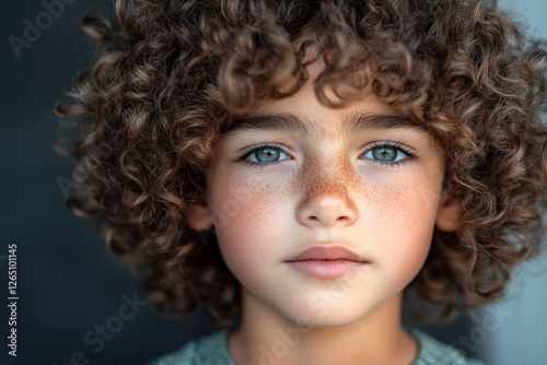 Young boy with curly hair and striking blue eyes gazes thoughtfully at the camera in a soft light setting