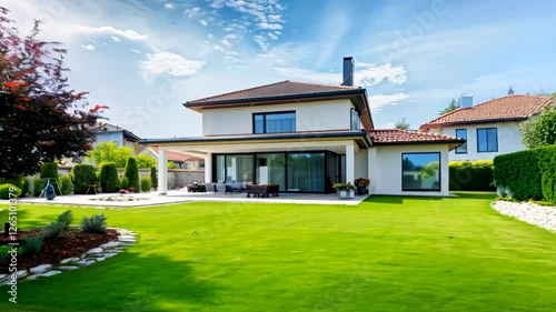 Modern suburban house with large backyard and garden