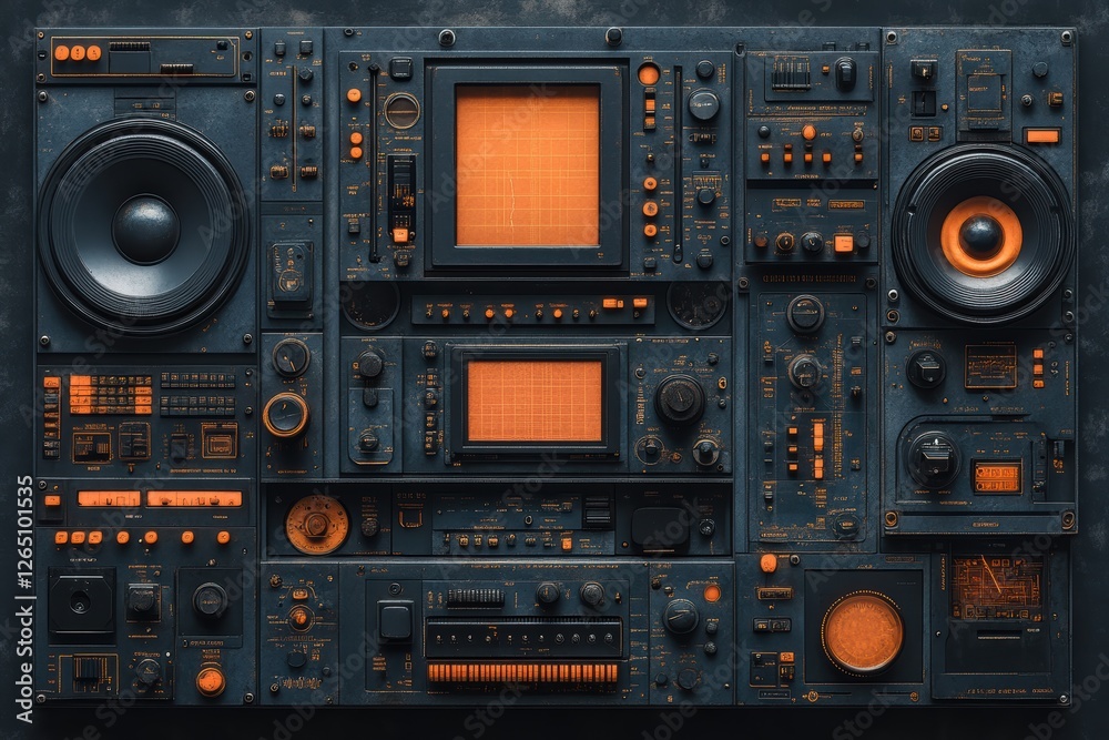 Obraz premium Vintage style s line icons showcasing retro audio equipment components in dark theme