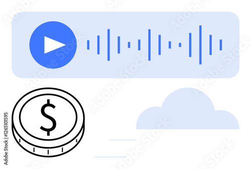 Audio player with sound waves, cloud icon, and dollar coin symbol. Ideal for streaming, digital accessibility, financial systems, cloud tech, e-commerce, podcasting fintech abstract line flat