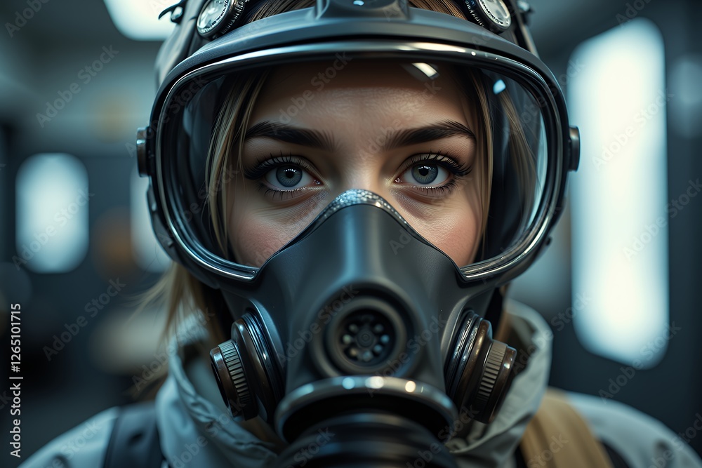 Close up Portrait of Woman in Protective Gas Mask Serious Expression Blue Eyes Close up Portrait of Woman in Protective Gas Mask Serious Expression Blue Eyes