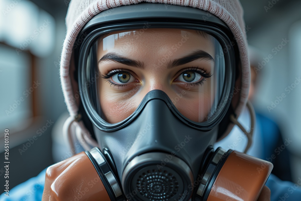 Woman Wearing a Gas Mask Close Up Portrait Protective Gear Environmental Hazard Safety Woman Wearing a Gas Mask Close Up Portrait Protective Gear Environmental Hazard Safety