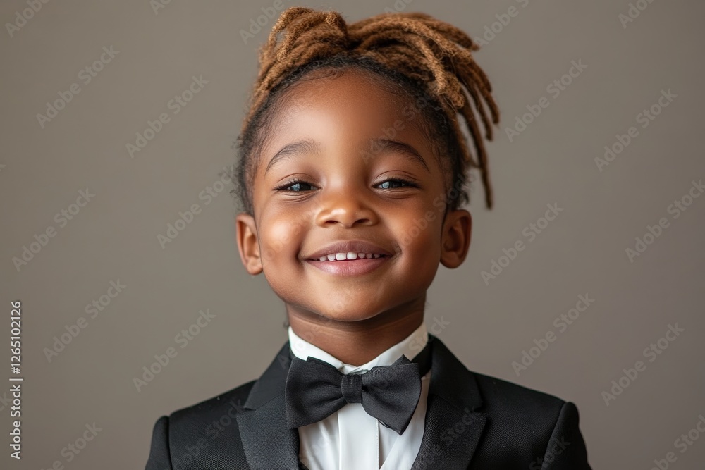 Young boy wearing a tuxedo smiles joyfully with styled hair in a neutral-toned setting Young boy wearing a tuxedo smiles joyfully with styled hair in a neutral-toned setting