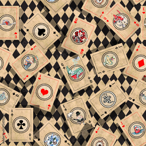 Alice in Wonderland  vintage style original hand drawn  playing cards seamless pattern
