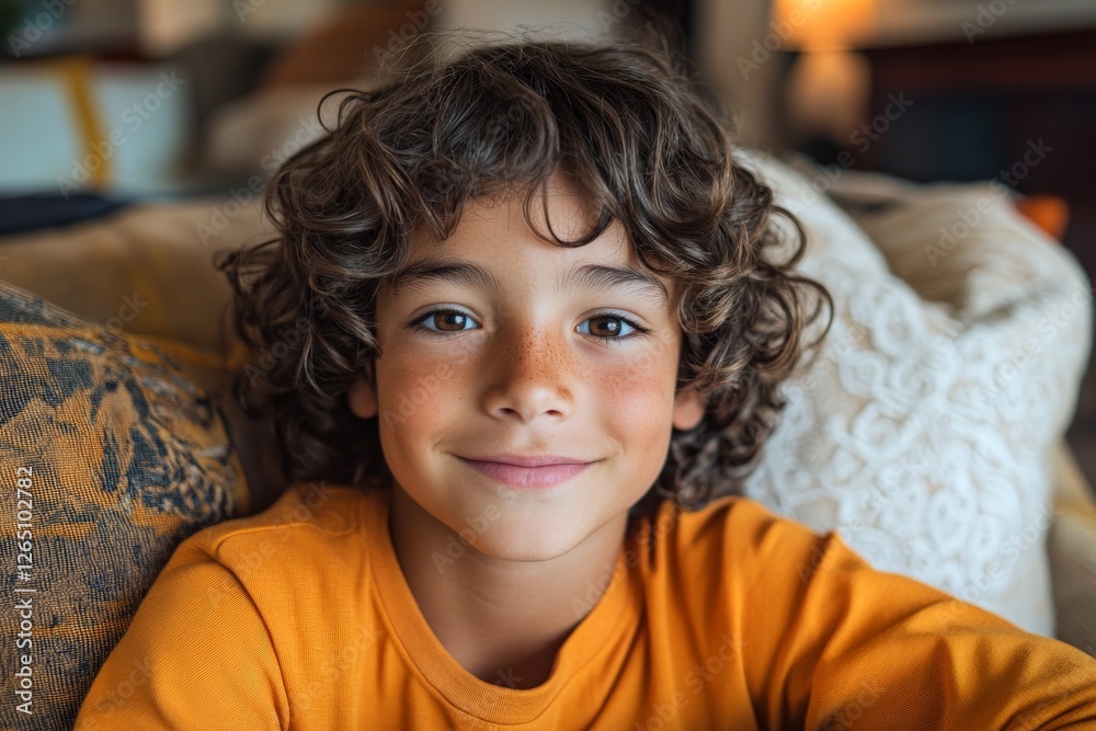 Young boy with curly hair smiling warmly while relaxing indoors on a cozy couch in the afternoon Young boy with curly hair smiling warmly while relaxing indoors on a cozy couch in the afternoon