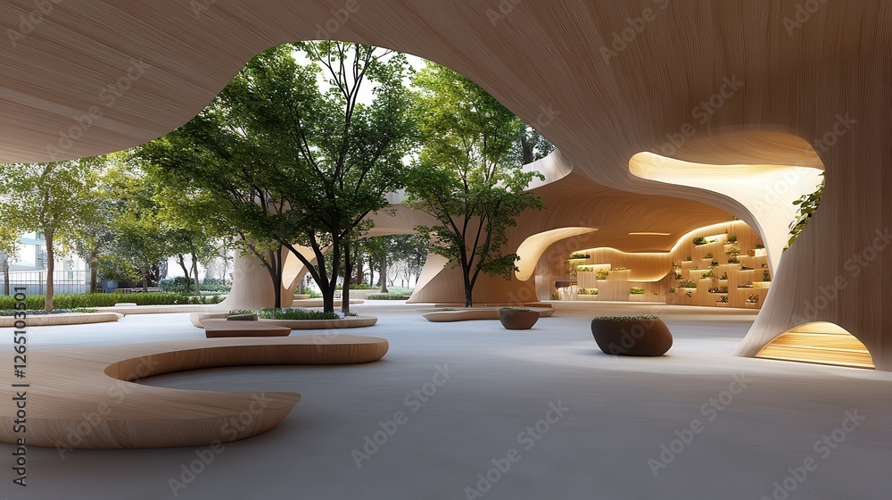 Fototapeta premium Modern architectural space with organic shapes and natural elements, featuring wooden structures and greenery