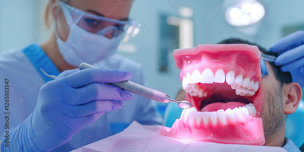 Dentist Examining Dental Model with Mirror and Tool Dentist Examining Dental Model with Mirror and Tool