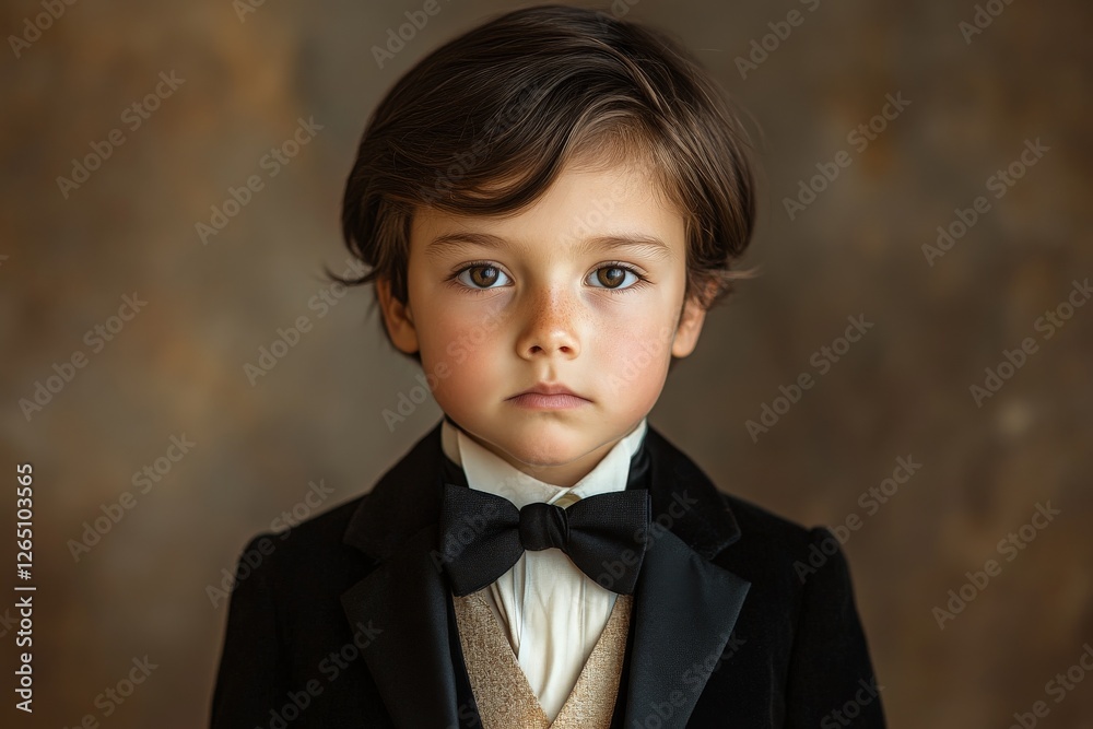 Portrait of a young boy in formal attire with a tuxedo and bow tie showcasing elegance and poise in a studio setting Portrait of a young boy in formal attire with a tuxedo and bow tie showcasing elegance and poise in a studio setting