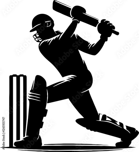 Cricket Solid Silhouette in Black Color Featuring Batsman, Bowler, and Wicket Elements