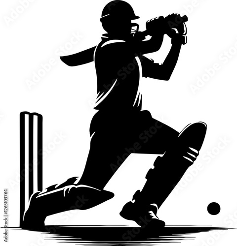 Cricket Solid Silhouette in Black Color Featuring Batsman, Bowler, and Wicket Elements