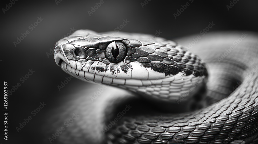 Monochrome viper portrait, coiled, dark background, wildlife Monochrome viper portrait, coiled, dark background, wildlife