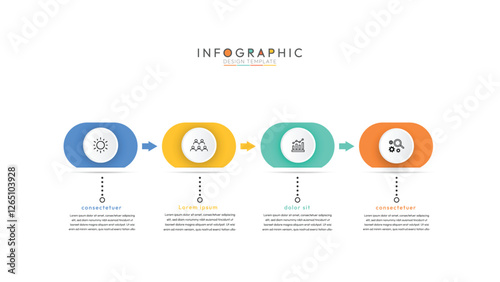 4 steps infographic design template, infographic progresses horizontally from left to right, indicated by the prominent orange arrows connecting each stage. Instructional graphics with 4 options.