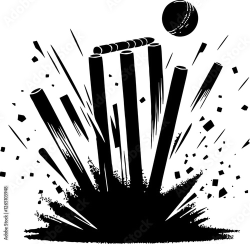 Cricket Solid Silhouette in Black Color Featuring Batsman, Bowler, and Wicket Elements