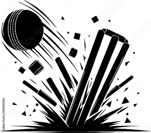Cricket Solid Silhouette in Black Color Featuring Batsman, Bowler, and Wicket Elements