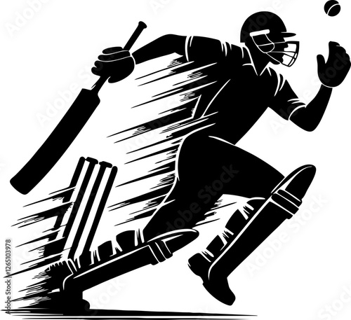 Cricket Solid Silhouette in Black Color Featuring Batsman, Bowler, and Wicket Elements