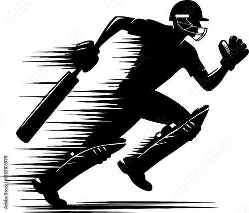 Cricket Solid Silhouette in Black Color Featuring Batsman, Bowler, and Wicket Elements