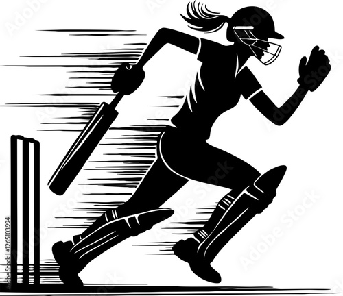 Cricket Solid Silhouette in Black Color Featuring Batsman, Bowler, and Wicket Elements