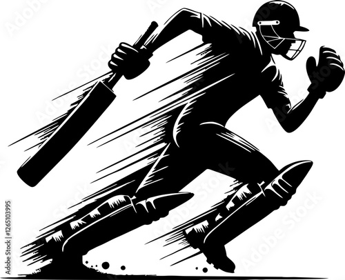 Cricket Solid Silhouette in Black Color Featuring Batsman, Bowler, and Wicket Elements