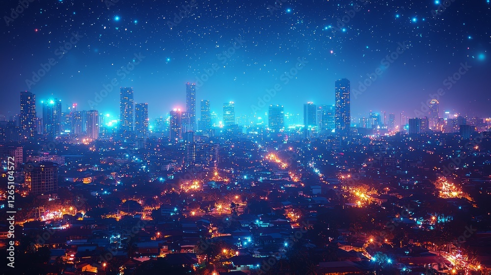 Obraz premium Night city skyline aerial view, lights, stars. Possible use Stock photo for showcasing cityscapes at night