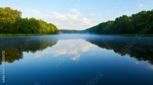 tranquil landscape unfolds with fog, smoke, and soft light creating serenity