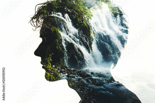 Evoking nature's essence through dual exposure showcasing a human silhouette intertwined with cascading waterfalls