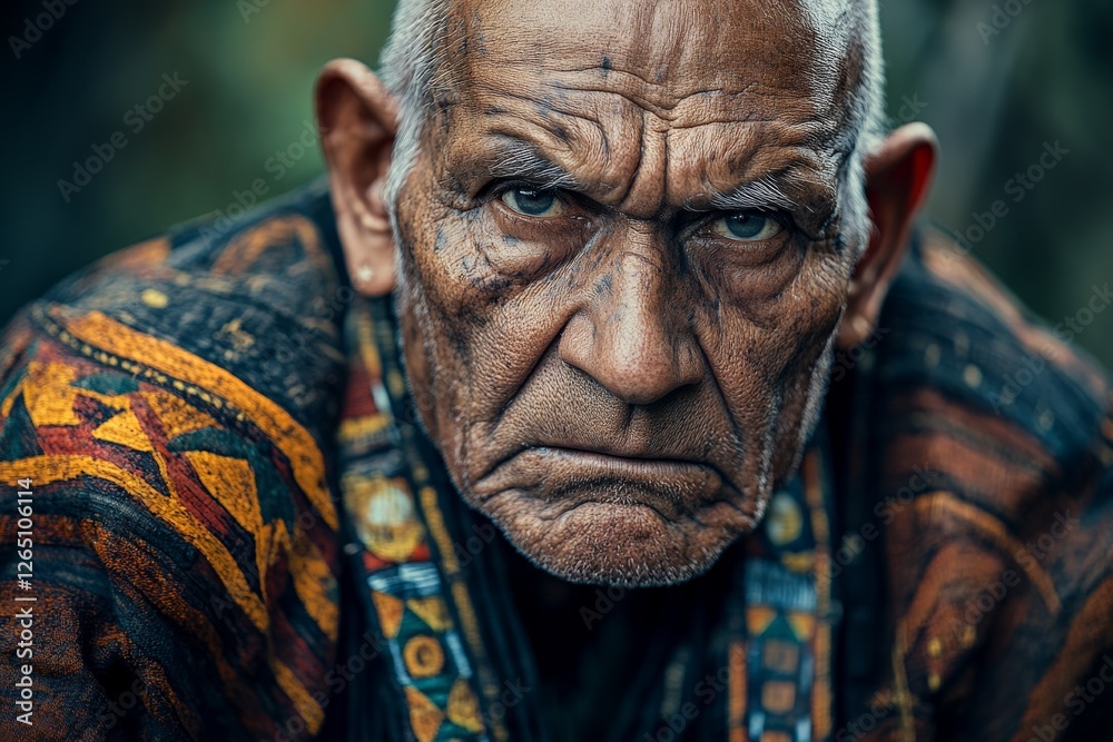 Elderly man with deep lines on his face wearing vibrant patterned clothing in a natural setting Elderly man with deep lines on his face wearing vibrant patterned clothing in a natural setting