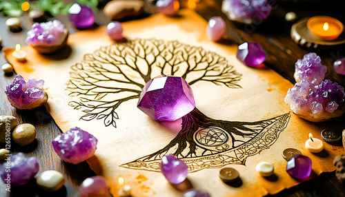 Crystalline healing grid and Sacred Geometry featuring the Tree of Life on a textured paper backgroun