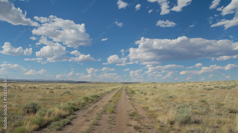 Fototapeta premium Vast Blue Sky With Fluffy White Clouds Over an Open Dirt Road in a Tranquil Landscape. Generative AI