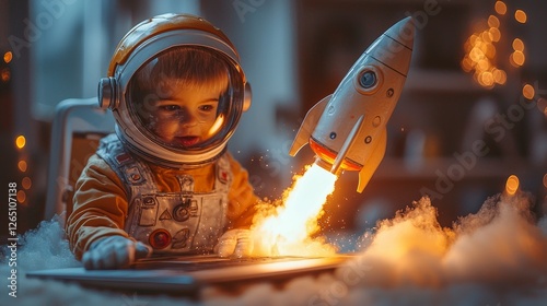A young child dressed as an astronaut plays with a laptop featuring a rocket taking off, merging imagination with technology and adventure in a cozy setting.