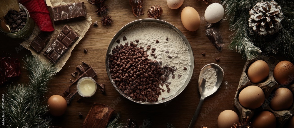 Overhead shot of chocolate chips and flour in a bowl, surrounded by eggs, chocolate, and festive ingredients on a wooden table. Overhead shot of chocolate chips and flour in a bowl, surrounded by eggs, chocolate, and festive ingredients on a wooden table.