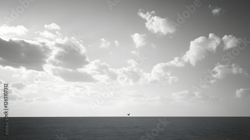 Soaring bird over tranquil sea and clouds at dawn signifies freedom and serenity in nature's vastness