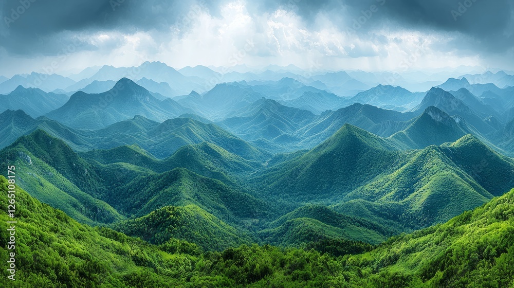 Fototapeta premium Panoramic view of lush green mountains, dramatic sky. Possible use for nature background