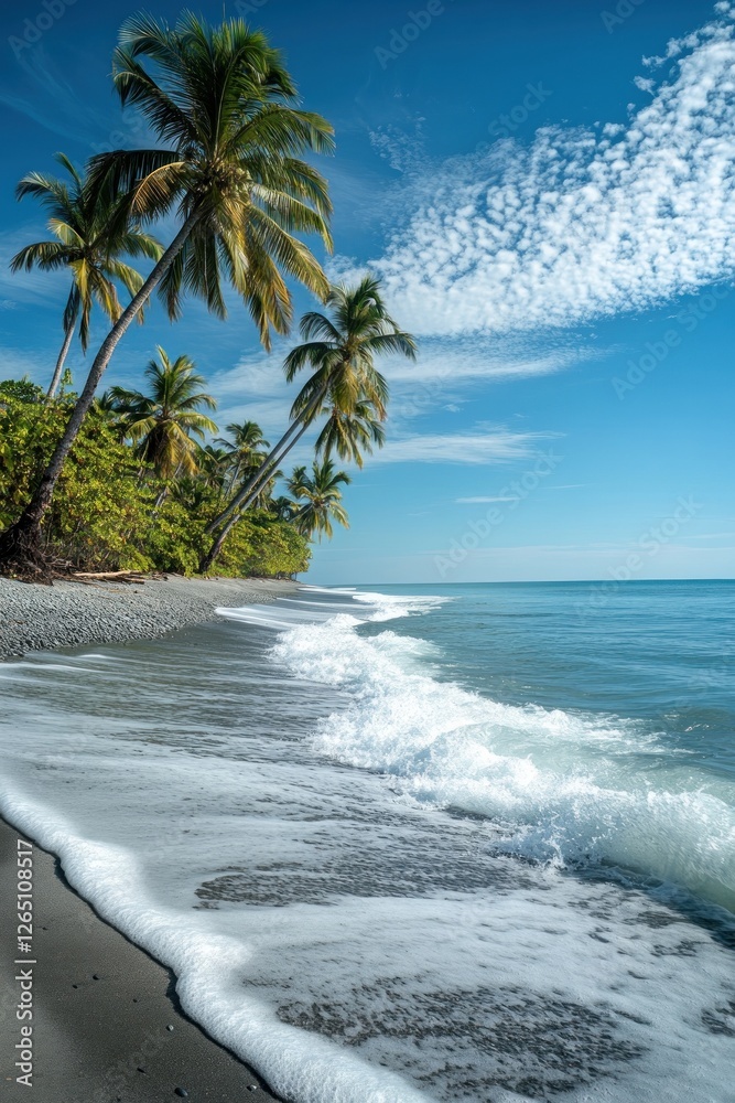 Tropical beach scene with palm trees, waves gently lapping on the shore, under a clear blue sky. Tropical beach scene with palm trees, waves gently lapping on the shore, under a clear blue sky.