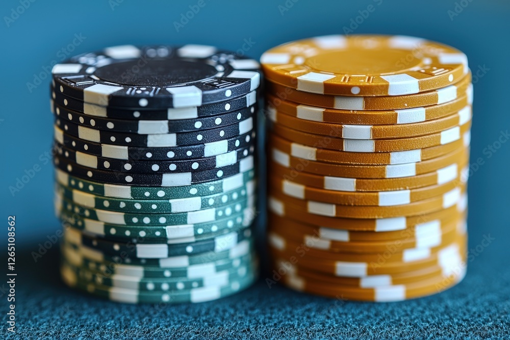 a close up of two stacks of poker chips, one black and green and one gold. The chips are stacked neatly on a blue felt surface, suggesting a casino or poker game. a close up of two stacks of poker chips, one black and green and one gold. The chips are stacked neatly on a blue felt surface, suggesting a casino or poker game.