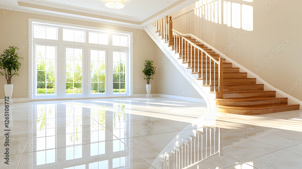 Fototapeta premium Grand home entrance, curved staircase, sunlight, garden view, interior design