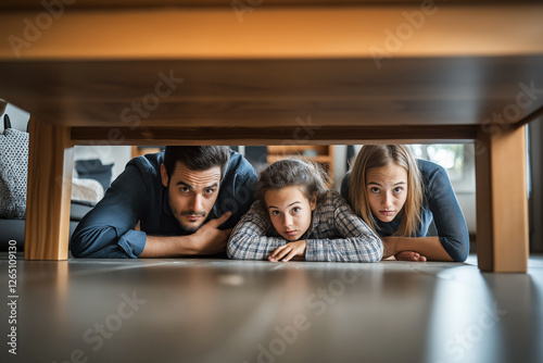 A family taking cover under a table during a strong earthquake inside a modern home. photo